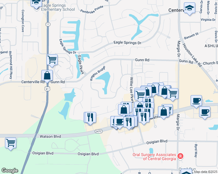 map of restaurants, bars, coffee shops, grocery stores, and more near 110 Berkley Circle in Warner Robins