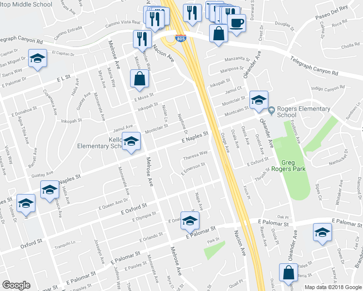 map of restaurants, bars, coffee shops, grocery stores, and more near 1142 Via Trieste in Chula Vista