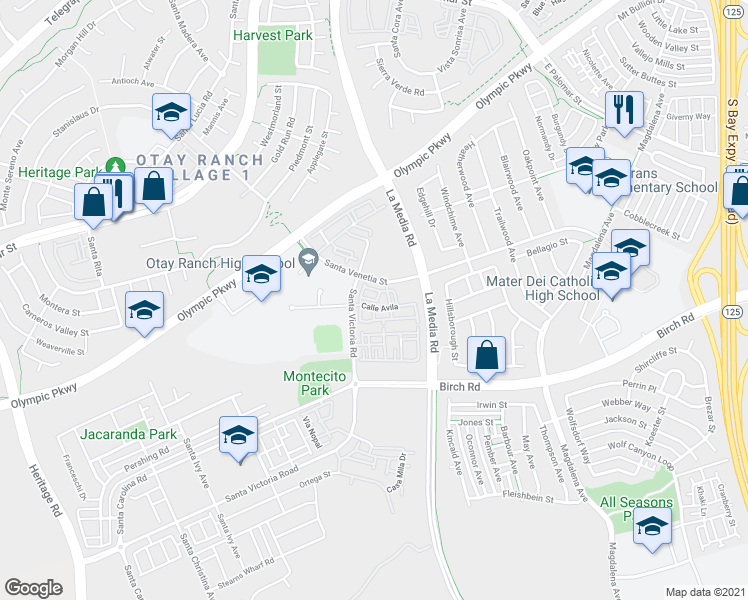 map of restaurants, bars, coffee shops, grocery stores, and more near 1561 Corte Barcelona in Chula Vista