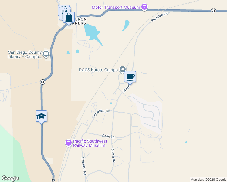 map of restaurants, bars, coffee shops, grocery stores, and more near 1228 Buckwheat Trail in Campo