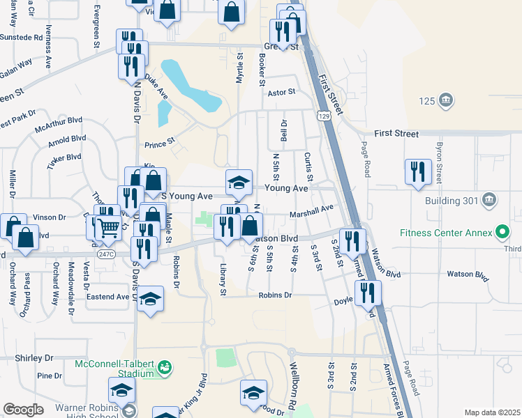 map of restaurants, bars, coffee shops, grocery stores, and more near 506 Marshall Ave in Warner Robins