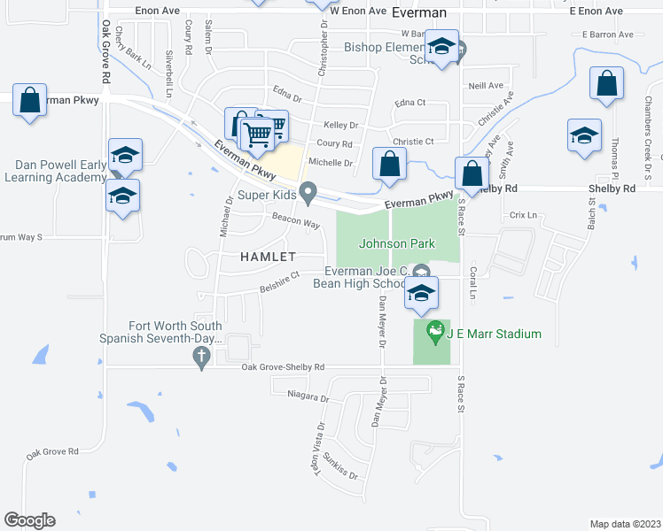 map of restaurants, bars, coffee shops, grocery stores, and more near 2117 Beacon Way in Fort Worth