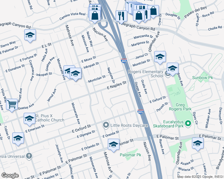 map of restaurants, bars, coffee shops, grocery stores, and more near 1138 Via Trieste in Chula Vista