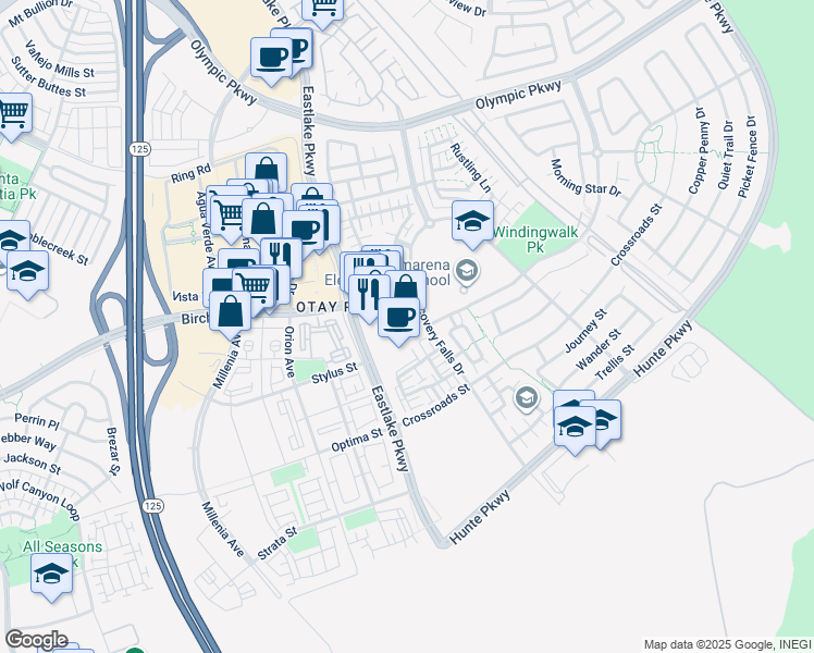 map of restaurants, bars, coffee shops, grocery stores, and more near 1741 Eastlake Parkway in Chula Vista