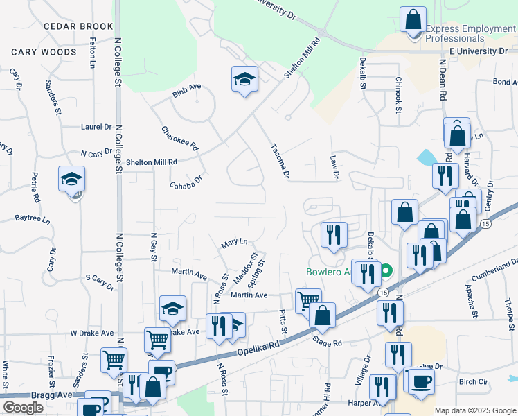 map of restaurants, bars, coffee shops, grocery stores, and more near 397 Jack Hampton Drive in Auburn