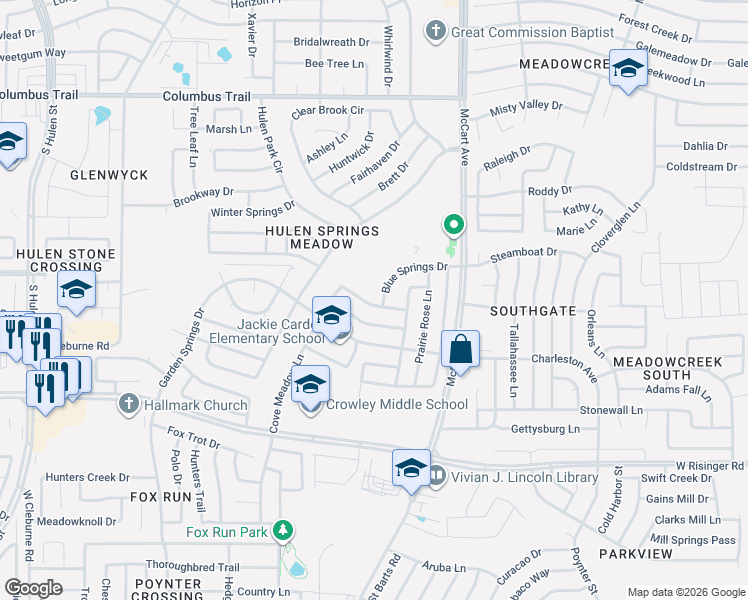 map of restaurants, bars, coffee shops, grocery stores, and more near 3713 Cove Meadow Lane in Fort Worth