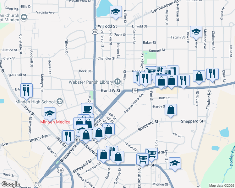 map of restaurants, bars, coffee shops, grocery stores, and more near 1300 Broadway Street in Minden