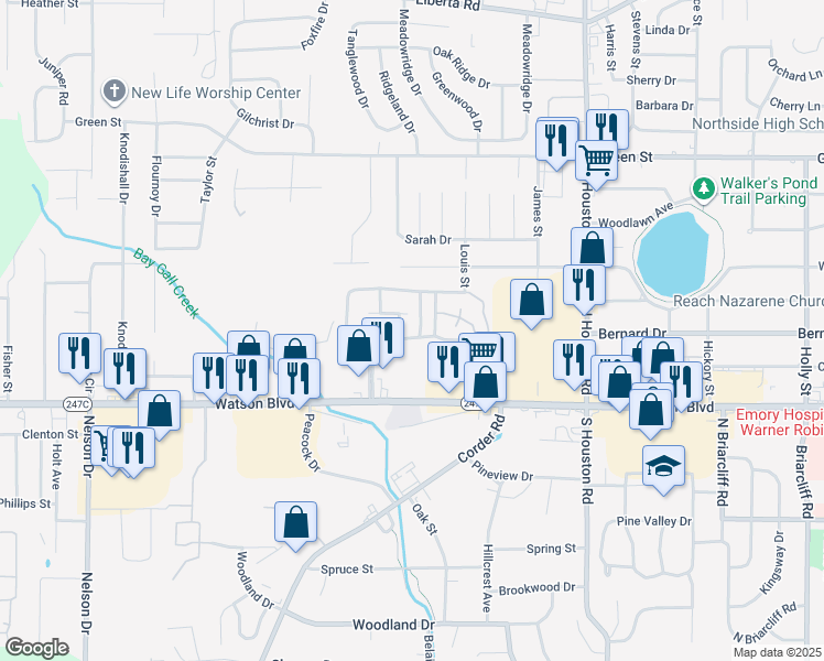 map of restaurants, bars, coffee shops, grocery stores, and more near 215 Westcliff Circle in Warner Robins