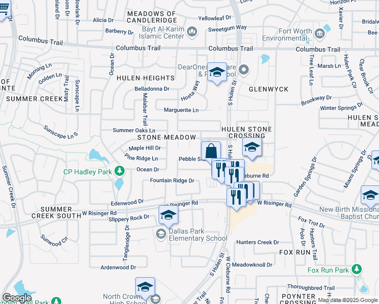 map of restaurants, bars, coffee shops, grocery stores, and more near 4524 Pebble Stone Drive in Fort Worth