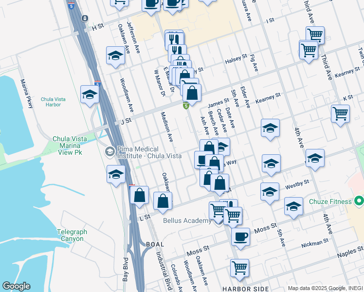 map of restaurants, bars, coffee shops, grocery stores, and more near 641 K Street in Chula Vista