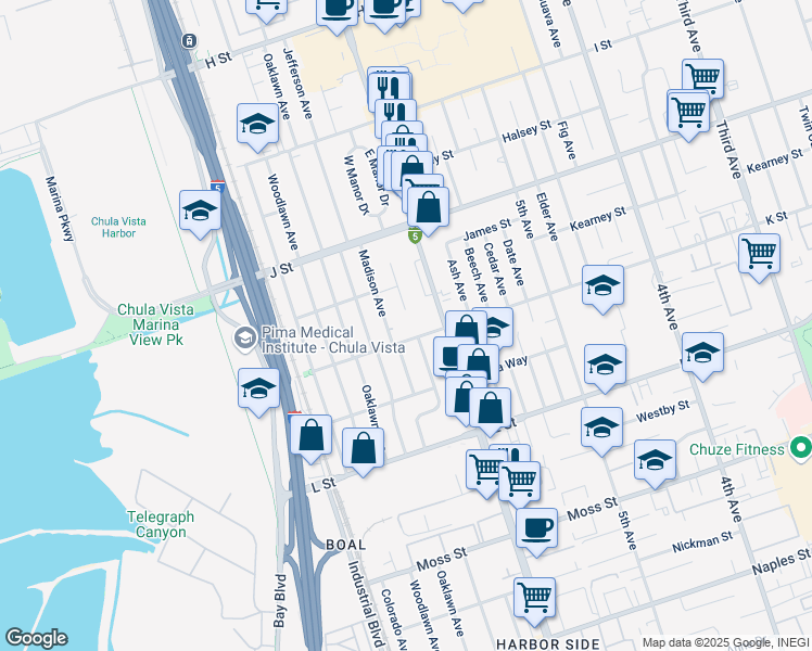 map of restaurants, bars, coffee shops, grocery stores, and more near 641 K Street in Chula Vista