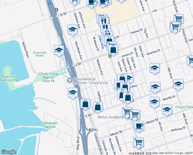 map of restaurants, bars, coffee shops, grocery stores, and more near 783 Jefferson Avenue in Chula Vista