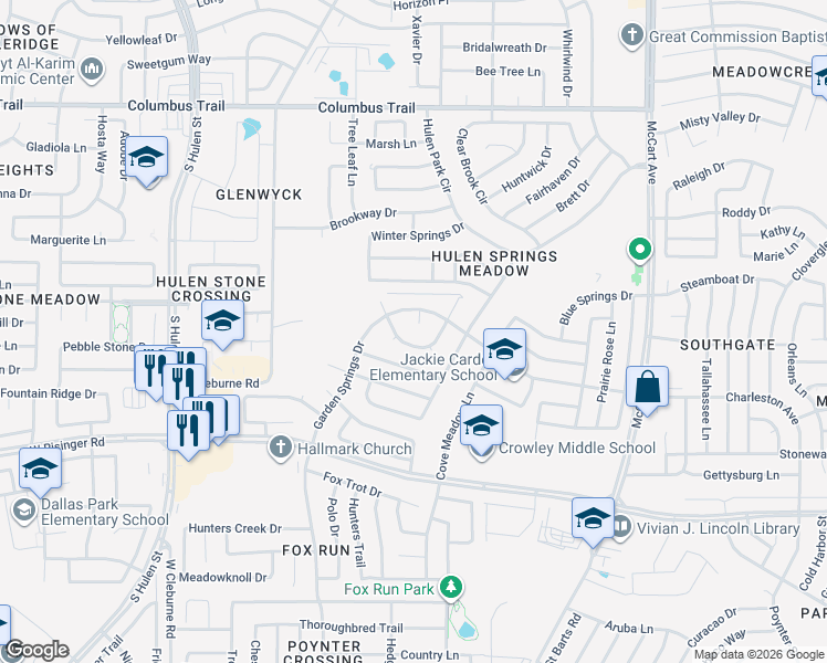 map of restaurants, bars, coffee shops, grocery stores, and more near 8512 Orlando Springs Drive in Fort Worth