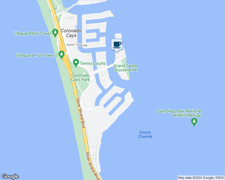 map of restaurants, bars, coffee shops, grocery stores, and more near 23 Blue Anchor Cay Road in Coronado
