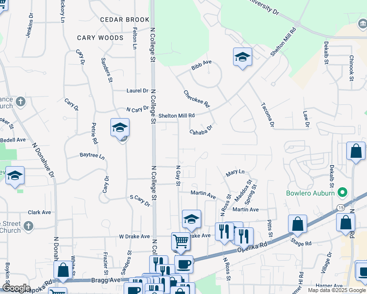 map of restaurants, bars, coffee shops, grocery stores, and more near 808 North Gay Street in Auburn