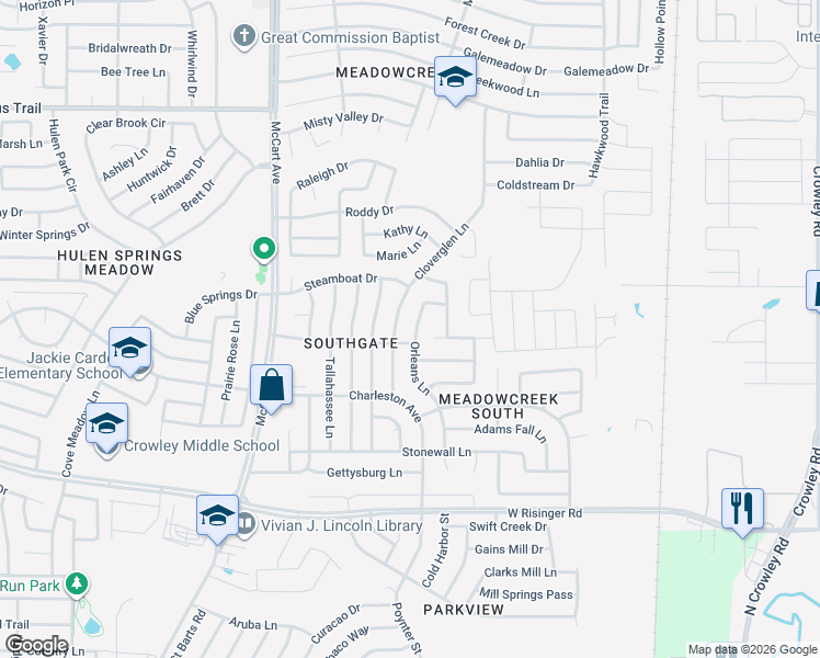 map of restaurants, bars, coffee shops, grocery stores, and more near 8348 Orleans Lane in Fort Worth