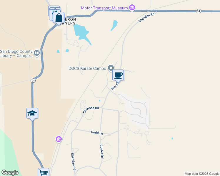 map of restaurants, bars, coffee shops, grocery stores, and more near 32036 Evening Primrose Trail in Campo