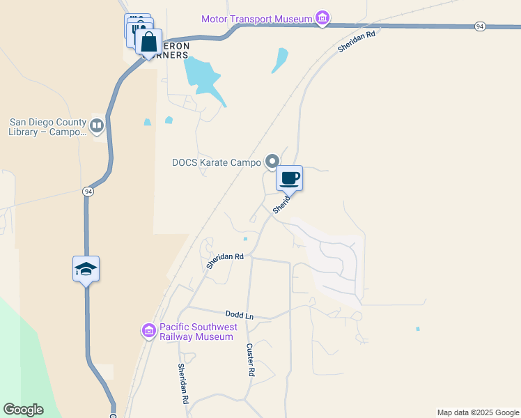 map of restaurants, bars, coffee shops, grocery stores, and more near 32036 Evening Primrose Trail in Campo