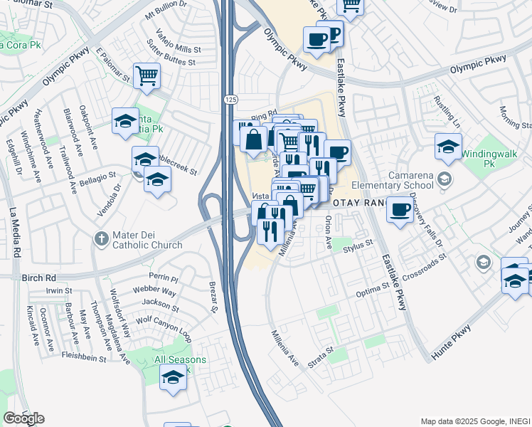 map of restaurants, bars, coffee shops, grocery stores, and more near 2052 Quartet Place in Chula Vista