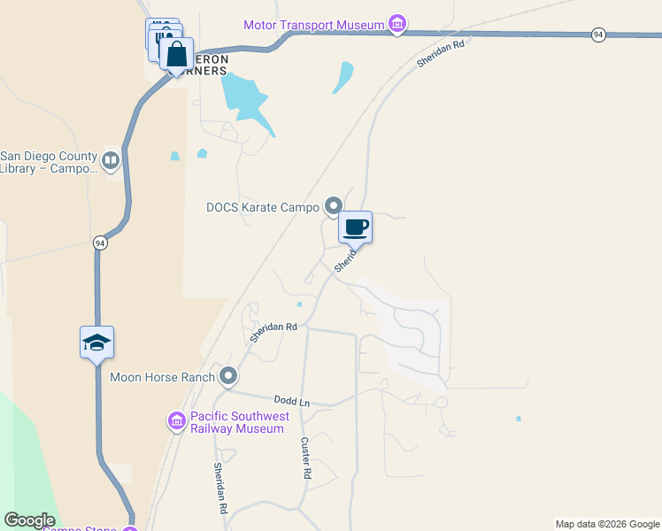 map of restaurants, bars, coffee shops, grocery stores, and more near 32036 Evening Primrose Trail in Campo
