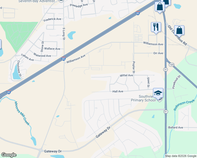map of restaurants, bars, coffee shops, grocery stores, and more near 605 Edmon Avenue in Opelika