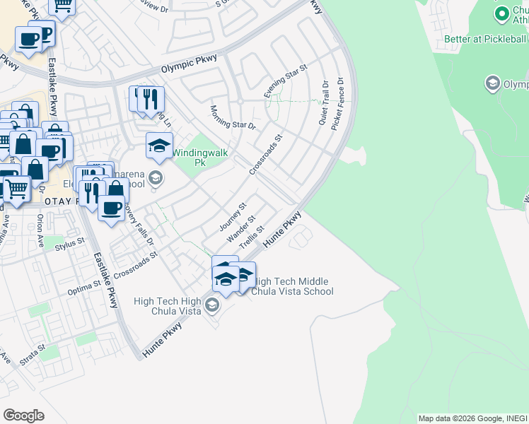 map of restaurants, bars, coffee shops, grocery stores, and more near 2380 Wander Street in Chula Vista