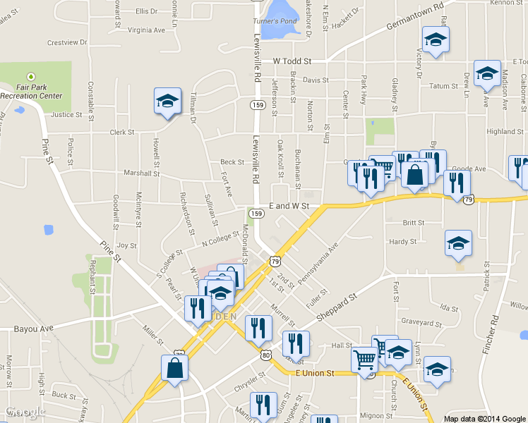 map of restaurants, bars, coffee shops, grocery stores, and more near 328 Lewisville Road in Minden