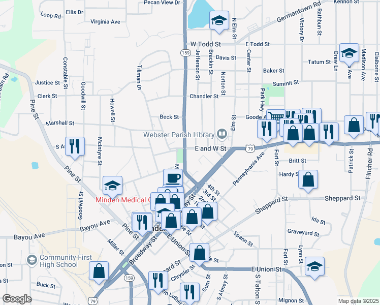 map of restaurants, bars, coffee shops, grocery stores, and more near 328 Lewisville Road in Minden