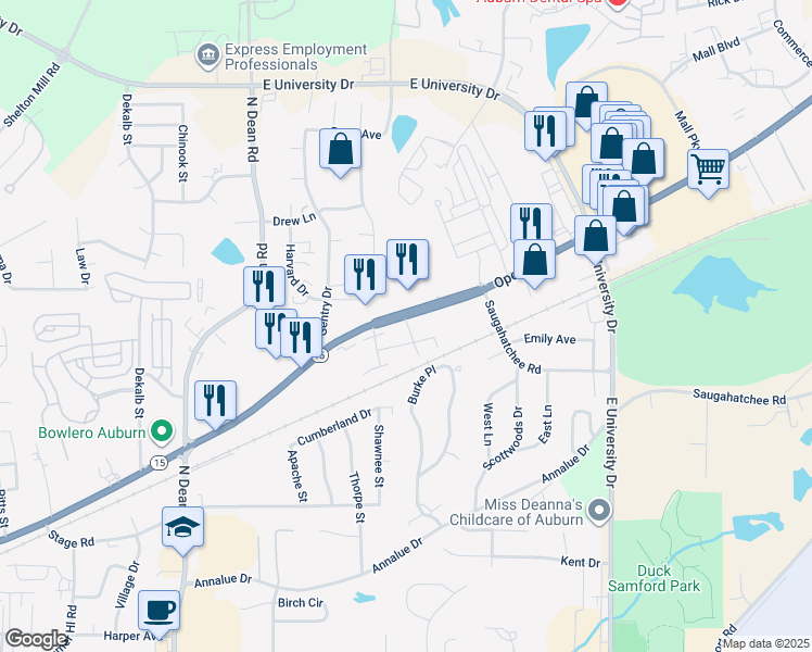 map of restaurants, bars, coffee shops, grocery stores, and more near 1250 Opelika Rd in Auburn