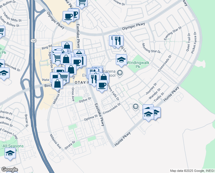 map of restaurants, bars, coffee shops, grocery stores, and more near 1715 Rolling Water Drive in Chula Vista