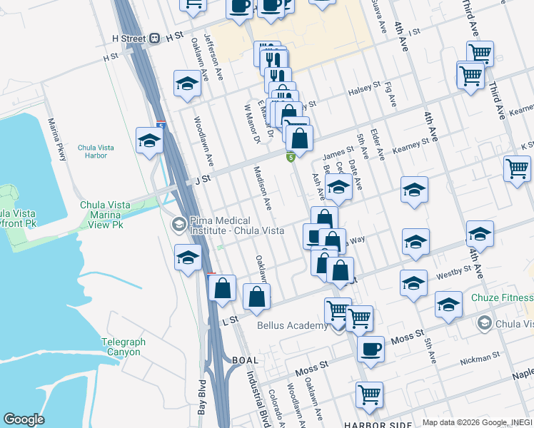 map of restaurants, bars, coffee shops, grocery stores, and more near 783 Jefferson Avenue in Chula Vista