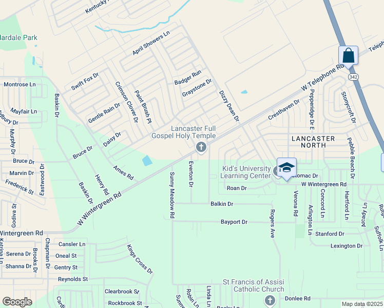 map of restaurants, bars, coffee shops, grocery stores, and more near 2100 Danieldale Road in Lancaster