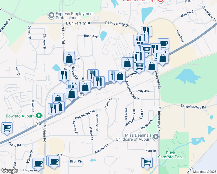 map of restaurants, bars, coffee shops, grocery stores, and more near 1250 Opelika Road in Auburn