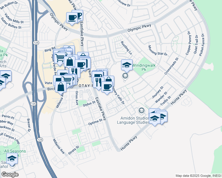 map of restaurants, bars, coffee shops, grocery stores, and more near 1741 Eastlake Parkway in Chula Vista