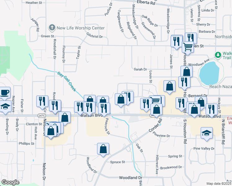map of restaurants, bars, coffee shops, grocery stores, and more near 215-435 Westcliff Circle in Warner Robins