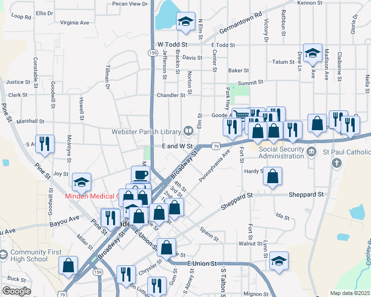 map of restaurants, bars, coffee shops, grocery stores, and more near 110 Kirby Place in Minden