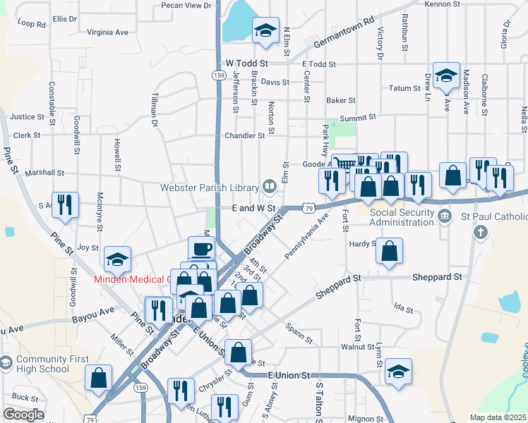 map of restaurants, bars, coffee shops, grocery stores, and more near 110 Kirby Place in Minden