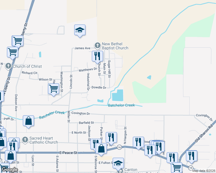 map of restaurants, bars, coffee shops, grocery stores, and more near 403 Sugar Hill Street in Canton