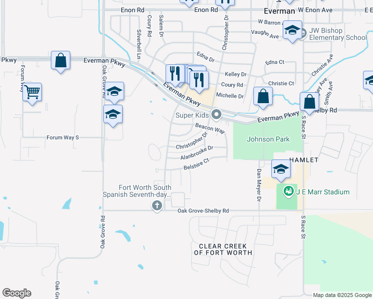 map of restaurants, bars, coffee shops, grocery stores, and more near 1828 Christopher Drive in Fort Worth