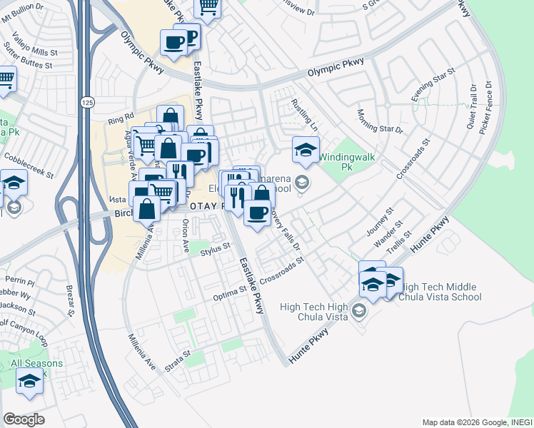 map of restaurants, bars, coffee shops, grocery stores, and more near 1741 Eastlake Parkway in Chula Vista