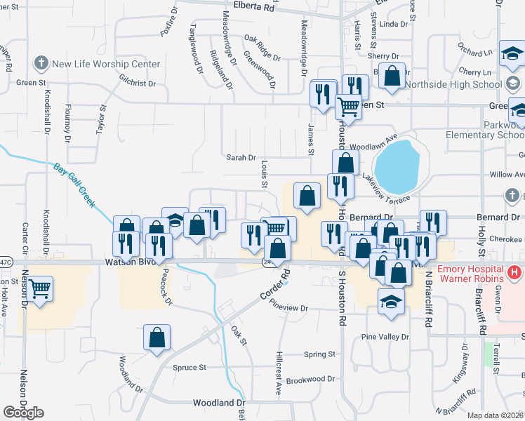 map of restaurants, bars, coffee shops, grocery stores, and more near 101 Woodcrest Circle in Warner Robins