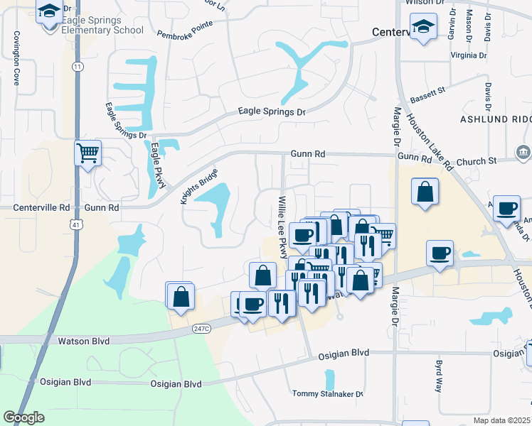 map of restaurants, bars, coffee shops, grocery stores, and more near 204 Park Lane in Warner Robins