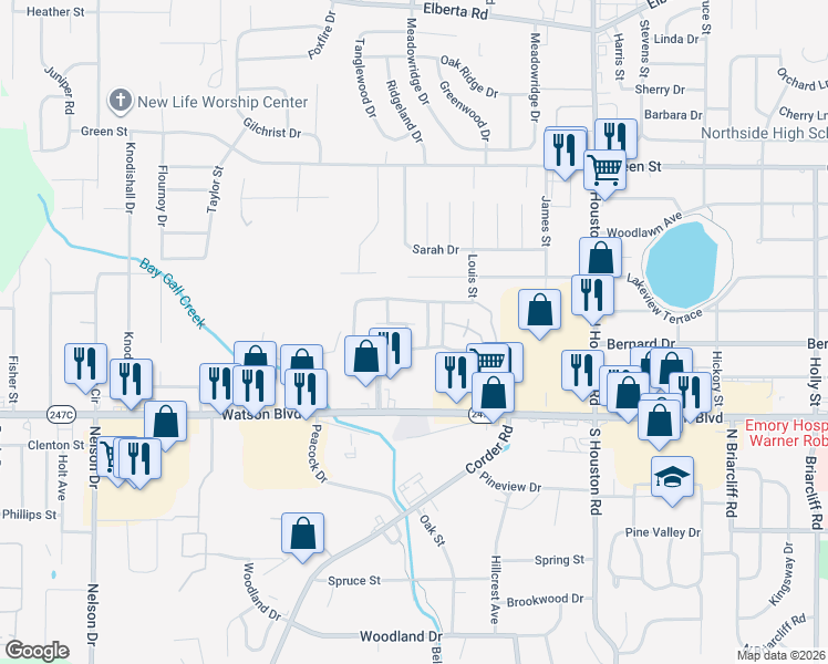 map of restaurants, bars, coffee shops, grocery stores, and more near 102 Westcliff Center Street in Warner Robins