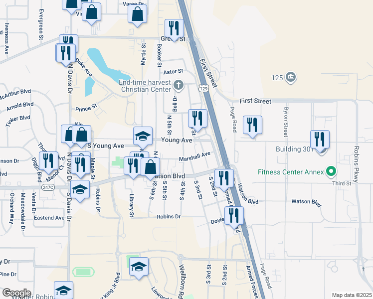 map of restaurants, bars, coffee shops, grocery stores, and more near 238-298 Marshall Avenue in Warner Robins
