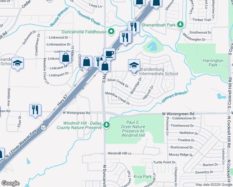 map of restaurants, bars, coffee shops, grocery stores, and more near 223 Meadow Creek Drive in Duncanville