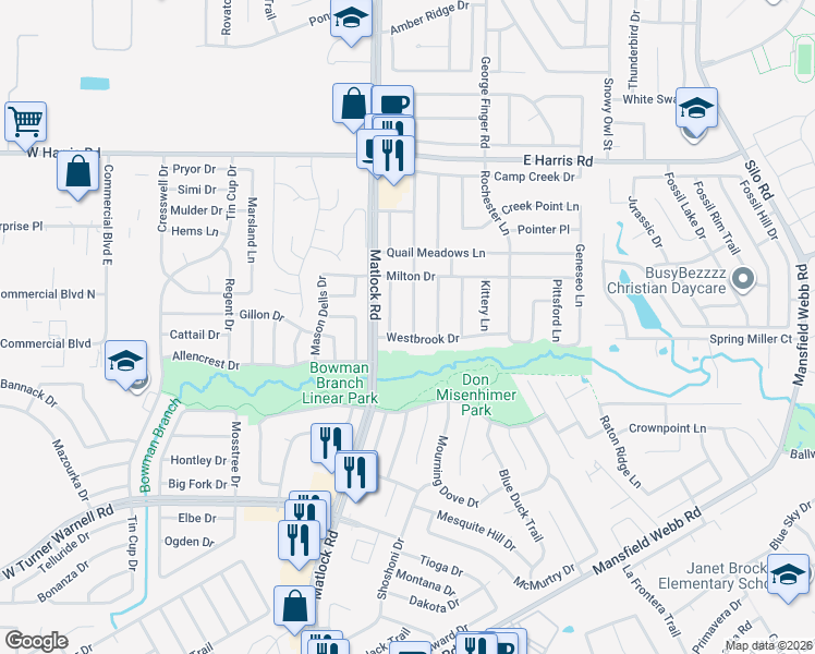 map of restaurants, bars, coffee shops, grocery stores, and more near 106 Westbrook Drive in Arlington