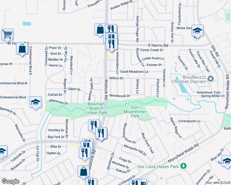 map of restaurants, bars, coffee shops, grocery stores, and more near 7708 Amsterdam Lane in Arlington