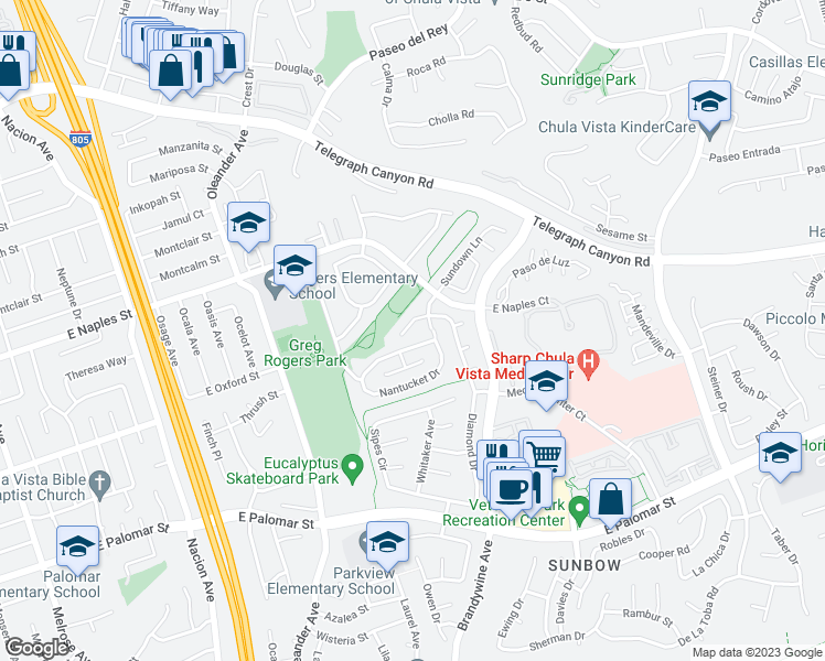 map of restaurants, bars, coffee shops, grocery stores, and more near 620 Diamond Drive in Chula Vista