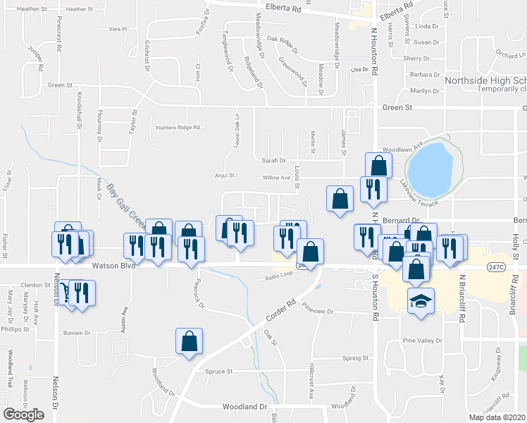 map of restaurants, bars, coffee shops, grocery stores, and more near 213 Westcliff Circle in Warner Robins