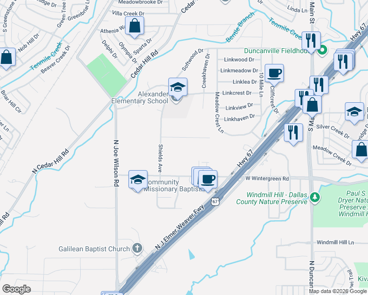 map of restaurants, bars, coffee shops, grocery stores, and more near 1022 Sherman Dr in Cedar Hill
